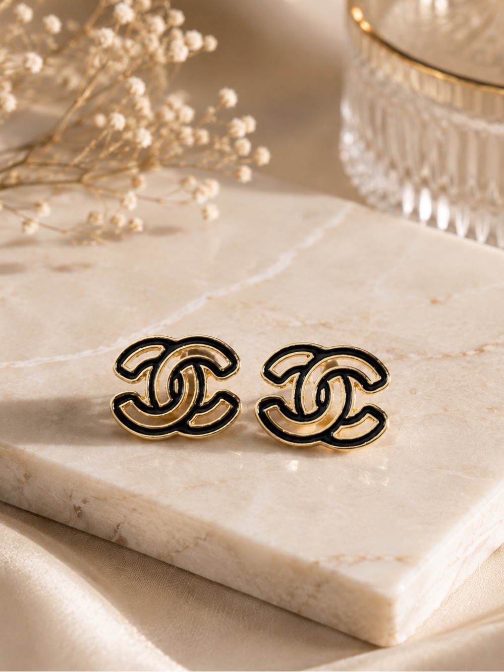 Gold and Black CC Stud Earrings